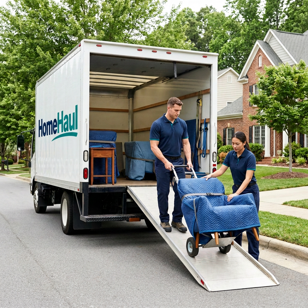 HomeHaul box truck with branded logo while the team unloads furniture