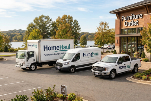 HomeHaul pickup, Ford Transit, and box truck outside Furniture Outlet
